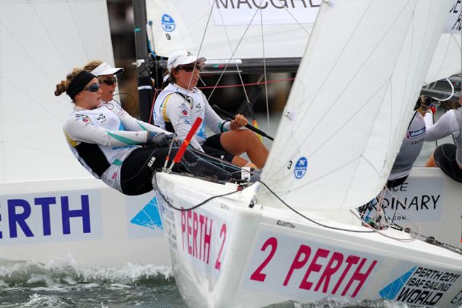 Olivia Price, Nina Curtis and Lucinda Whitty match racing - Perth 2011 ISAF Sailing World Championships ©  Richard Langdon /Perth 2011 http://www.perth2011.com